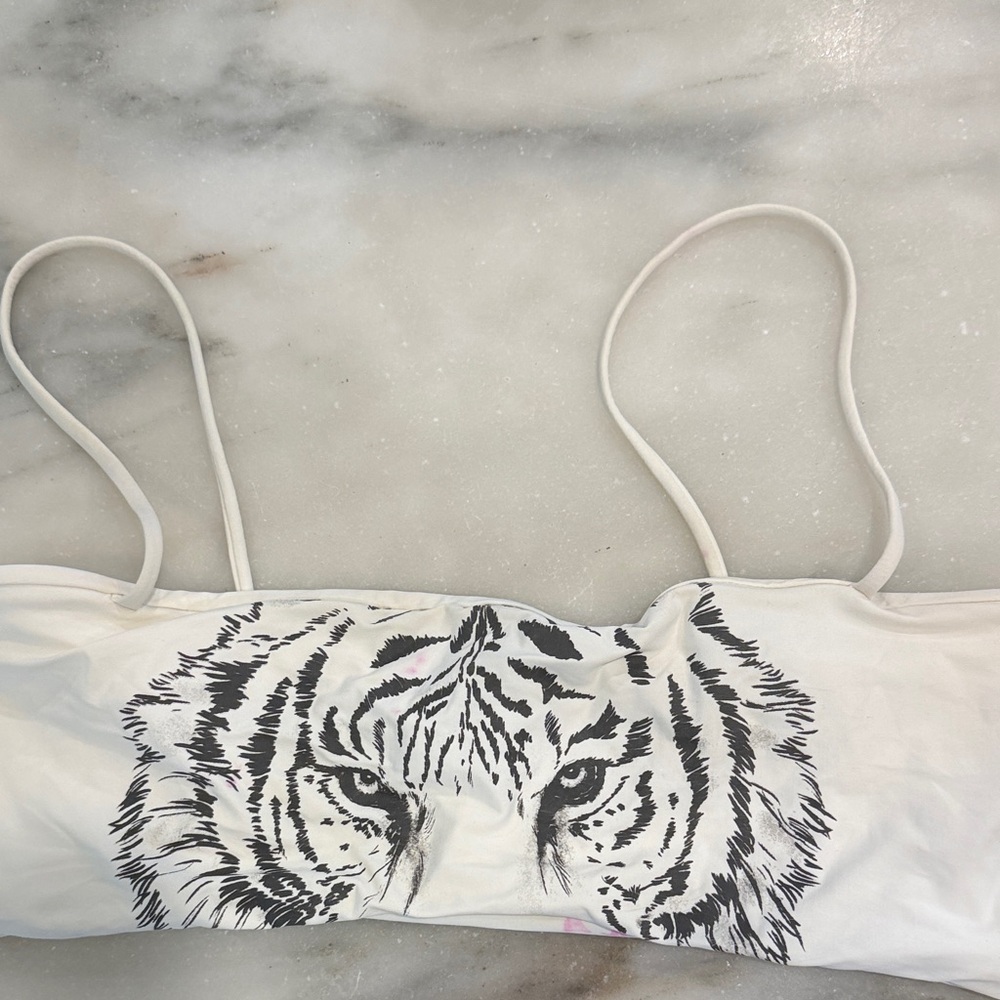 Boys + Arrows Rare White Bikini Top with Black Tiger Face Print large